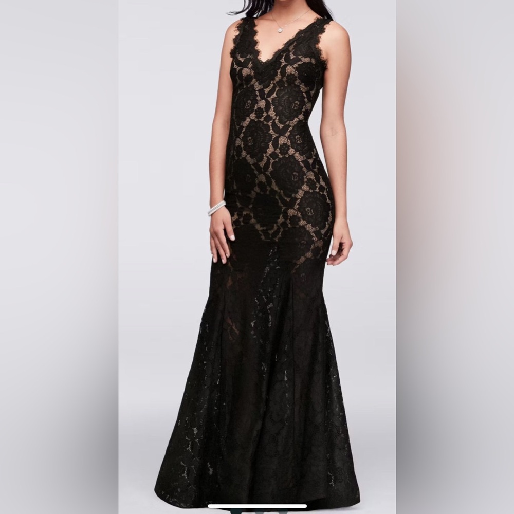 betsy and adam black mermaid dress Betsy & Adam Lace V-Neck Gown